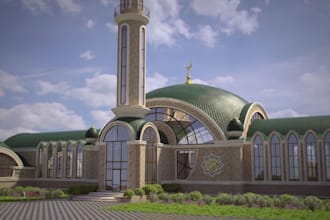 create 3d mosque design, mosque courtyard, mosque facade, mosque dome design