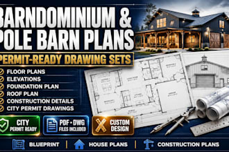 design barndominium floor plan, pole barn house plan for city permit drawing set