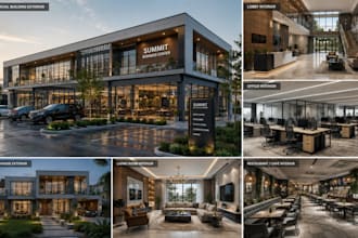 do interior and exterior design with 3d render of house, commercial building