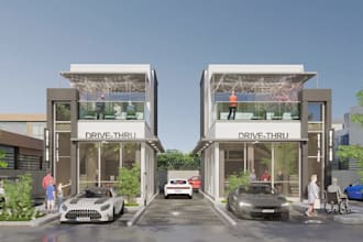 remodel retail space2d 3d layout,fast food restaurant drive thru render,exterior