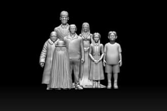 sculpt stylized family portrait, 2d photo to 3d, tabletop miniature, model print
