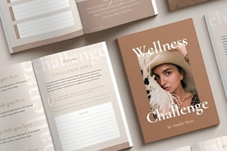 design canva yoga workbook, wellness challenge planner, ebook and journal