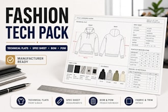 create streetwear tech pack, fashion flats and apparel spec sheet