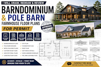 draw, redraw and review barndominium pole barn, farmhouse floor plans for permit