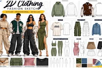 create fashion illustration, 2d clothing sketch and tech pack