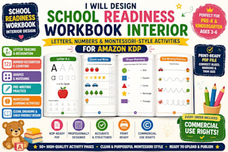 design a school readiness workbook interior for amazon KDP