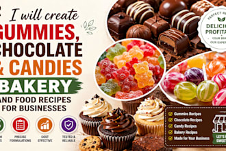 create gummies, chocolate and candies bakery, and food recipes for businesses