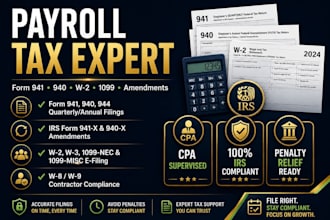 prepare or amend irs payroll tax form 941, 940, 944, w2, w3, w9, and 1099