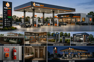 refurbish 3d gas station, exterior render, shop mall, parking lot, ev charging