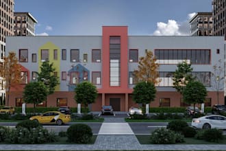 render residential complex exterior, urban transformation concept, 3d modeling