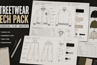 create streetwear tech pack, clothing tech pack and technical flat sketch