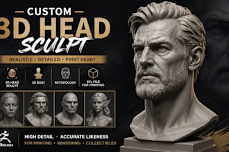 realistic 3d head sculpt, 3d bust retopology, 3d figurine potrait and stl zbrush