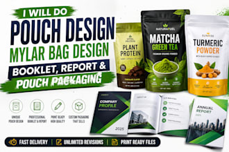 do pouch design, mylar bag design, booklet, report and pouch packaging