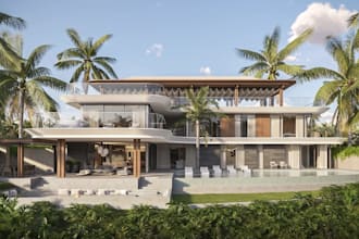 render luxury housing 3d,tropical villa design, water front living,infinity pool