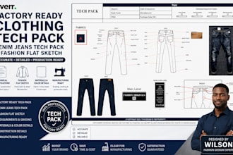 create factory ready clothing tech pack, denim jeans tech pack and flat sketch
