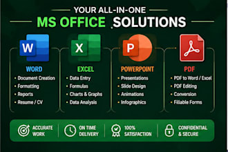microsoft word, excel, powerpoint, PDF, and graphic design