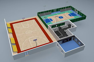 design 2d sport complex arena cad layout  floor plan 3d render from your sketch