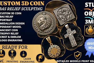 sculpt custom 3d bas relief coin, medallion portrait stl for cnc and 3d printing