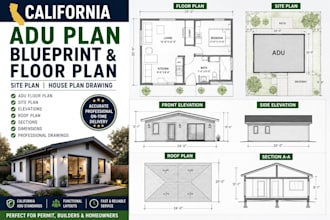design california adu plan, blueprint, floor plan, site plan, house plan drawing