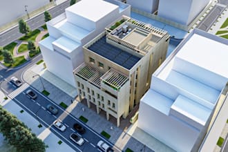 detailed cgi residential complex render,rooftop solar panel,site building tower