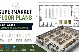 design supermarket floor plans, retail space planning and cad drawings
