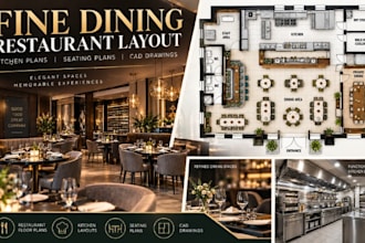 design fine dining restaurant layouts, kitchen plans, seating plans, cad drawing