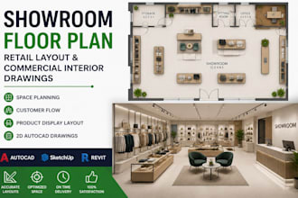 design showroom floor plan, retail layout and commercial interior drawings