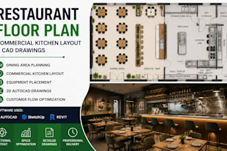 design restaurant floor plan, commercial kitchen layout and cad drawings