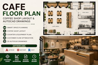 create cafe floor plan, coffee shop layout and autocad drawings