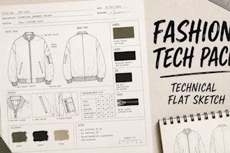 create fashion tech pack, clothing tech pack and technical flat sketch