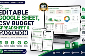 design editable google sheet, csv budget spreadsheet and quotation