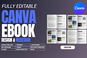 design editable canva pdfs, ebook, planner, workbook, amazon kdp journal, print