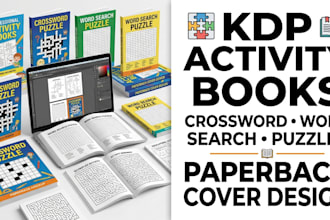 design activity book, crossword, word search puzzle, paperback cover for kdp