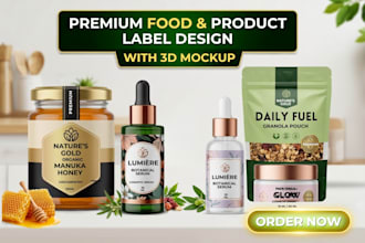 design custom food label, can, tin, jar, bottle and product label with 3d mockup