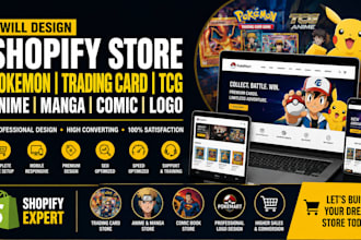 design shopify store website pokemon, tranding card, tcg, anime, logo, comic