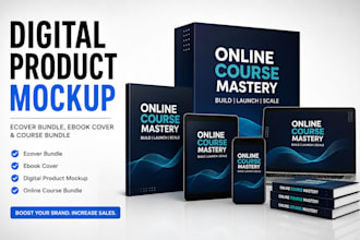 design digital product mockup, ecover bundle, ebook cover and course bundle