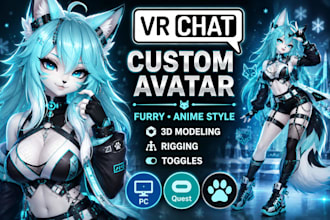 create custom furry vrchat avatar, 3d vrchat avatar vrc character fursona model