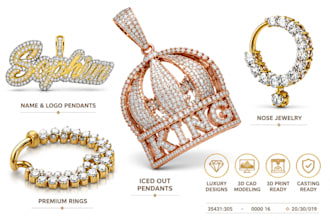 do iced out jewelry cad designs for pendants rings and nose design, 3d printing