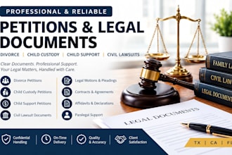 prepare petitions on divorce, child support, child custody and civil lawsuits