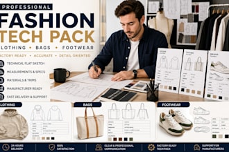 create a professional fashion tech pack for clothing, bags and  footwears