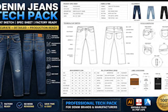 create denim jeans tech pack apparel flat sketch for factory production