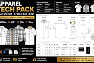 design apparel tech pack fashion flat sketch with clothing spec sheet and cad