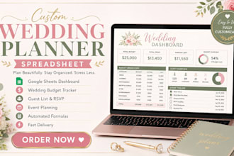design wedding planner spreadsheet, event tracker, google sheet and organizer