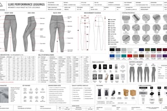 create sports bra, leggings tech pack with fashion flats for production