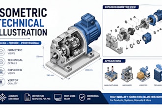 create modern isometric technical illustrations for products systems