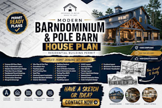 design modern barndominium, pole barn house plan for residential building permit