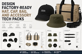 design factory ready hat, cap, bag, and accessory tech packs for manufacturers