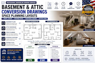 create basement and attic conversion drawings with space planning layouts