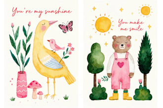 draw watercolor cute animals and cards