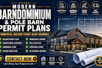 design modern barndominium, pole barn house plan for commercial building permit